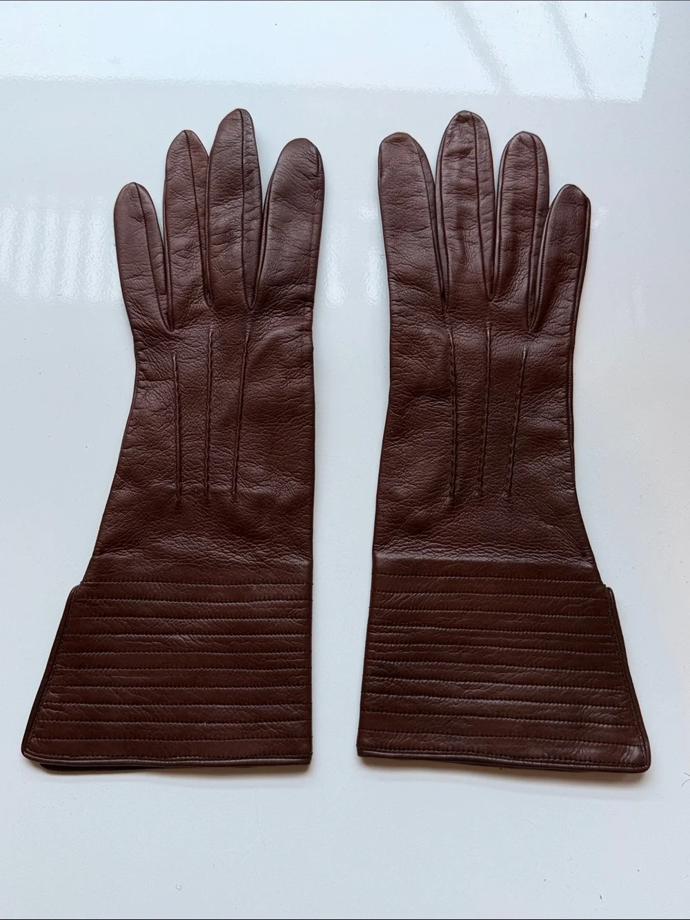 Prada Vintage Brown Leather Mid-Length Long Gloves (100% Silk Lining)